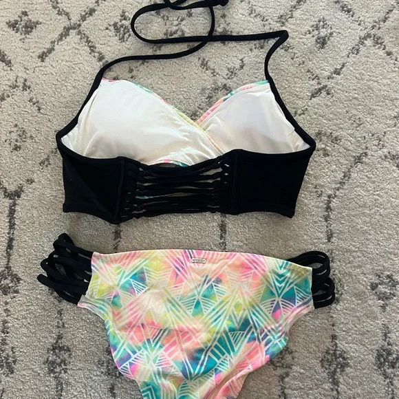 Victoria's Secret Pastel Geometric Bikini with Black Trim - Picture 2 of 4